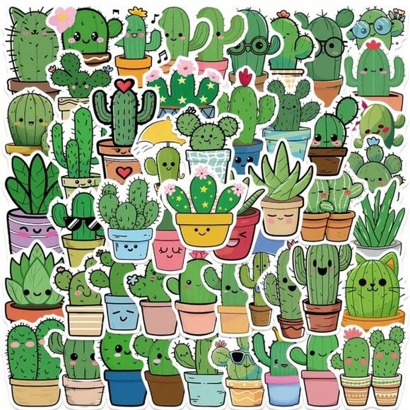 Other - 50 Cute Cactus Stickers Iridescent Sparkle Green Plants